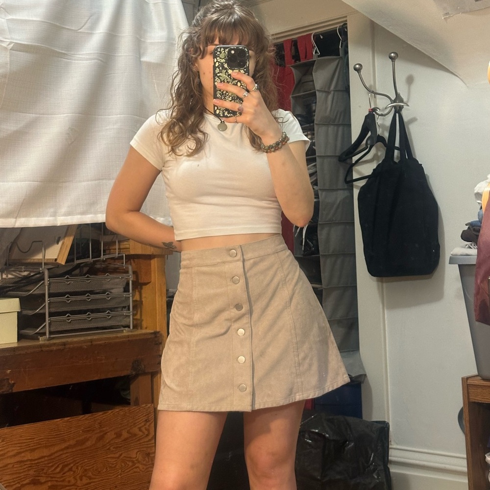 Express Tan Suede Button-Up Mini Skirt